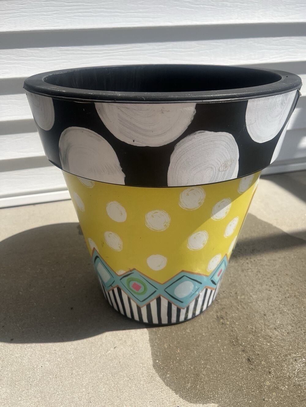 Studio M Art Planter 14” Yellow Polka Dots Black White Sunshine Garden Colorful